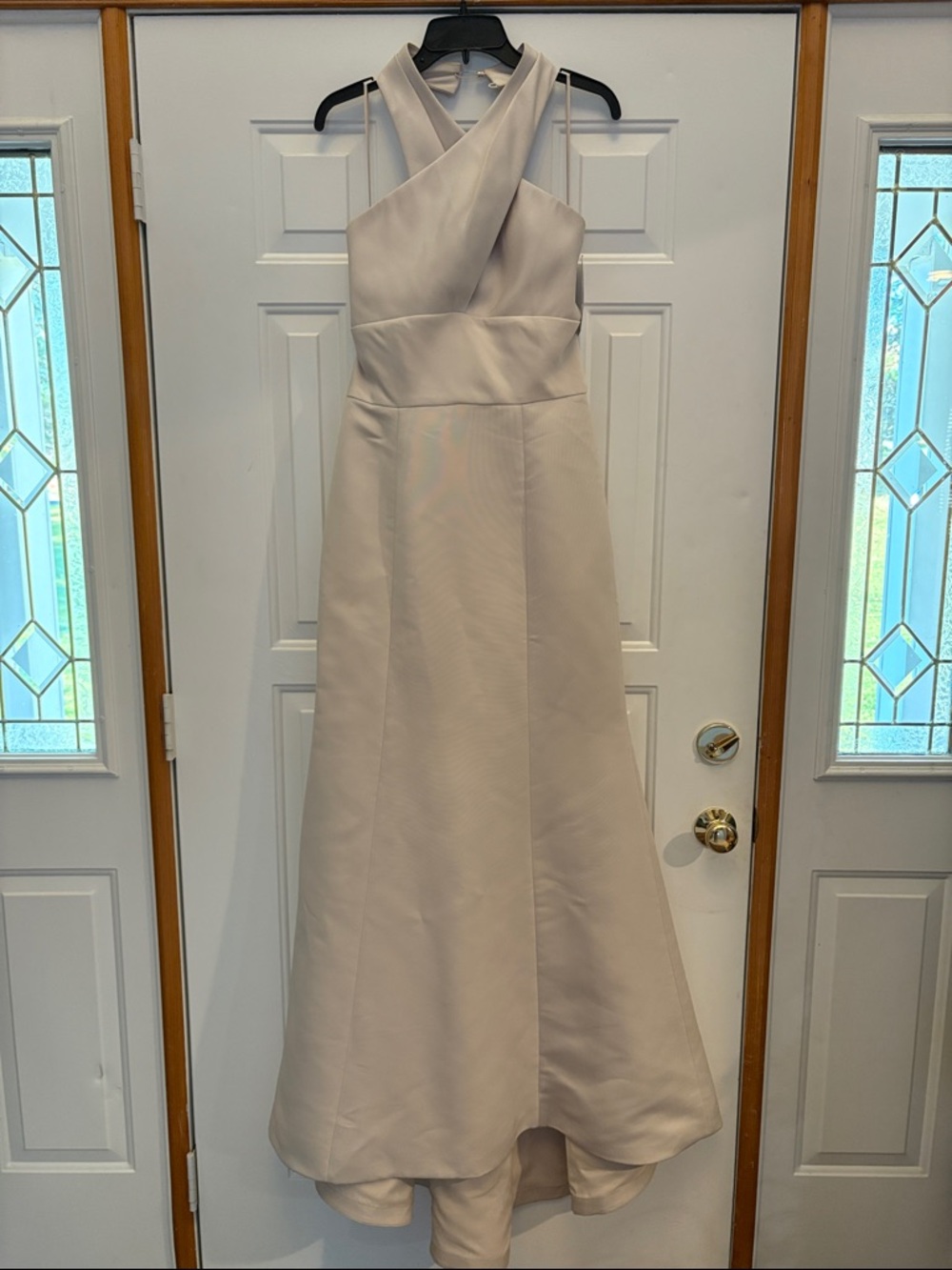 Amsale Champagne Faille Cross-Neck A-Line Dress